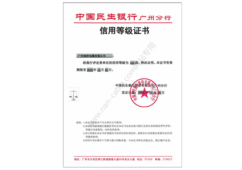 AAA銀行信用等級證書
