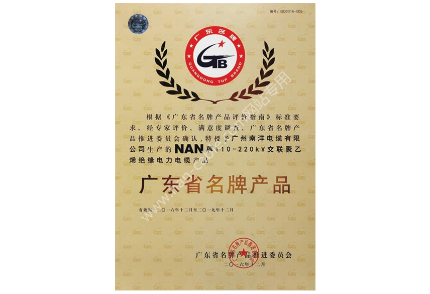 廣東省名牌產品證書