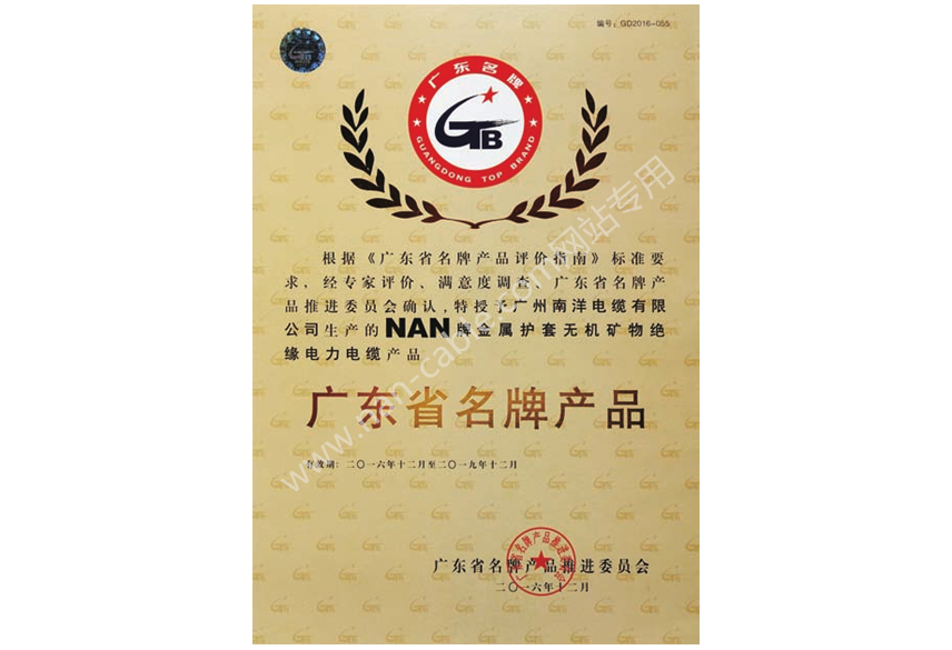 廣東省名牌產品證書