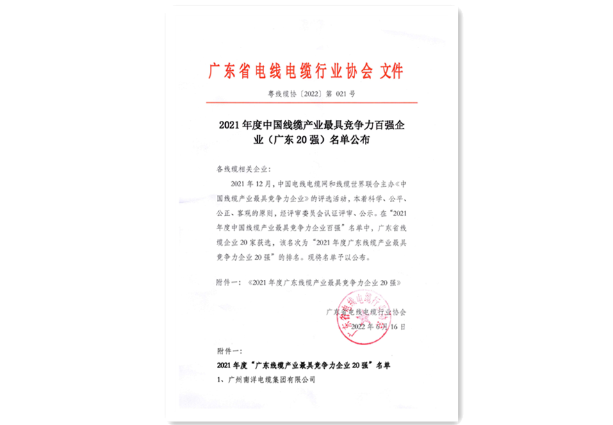 2021年度廣東線纜行業(yè)最具競爭力企業(yè)10強第一名證書